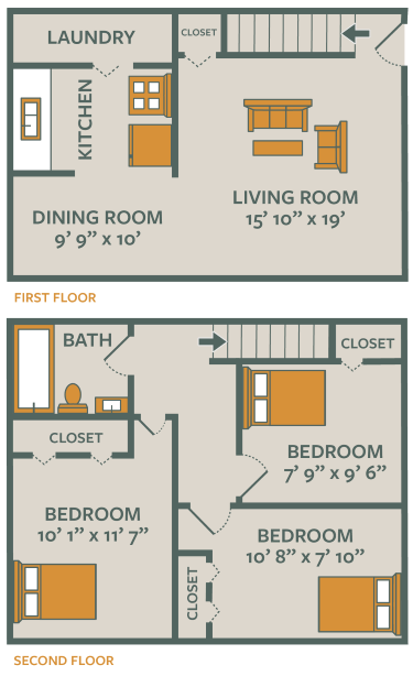 Floor plan for 3 beds, 1 bath, 900 sqft